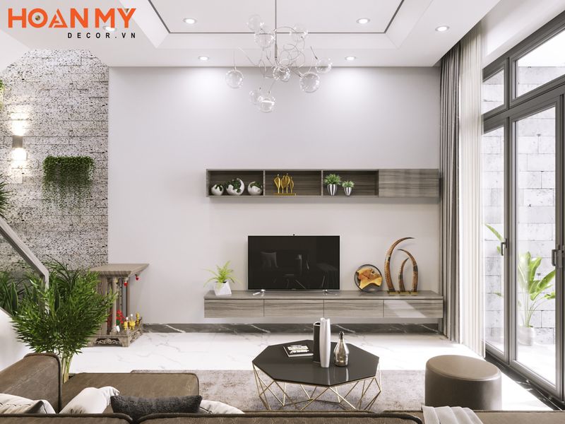 Không gian phòng khách được trang trí đơn giản tinh tế với nội thất đơn giản