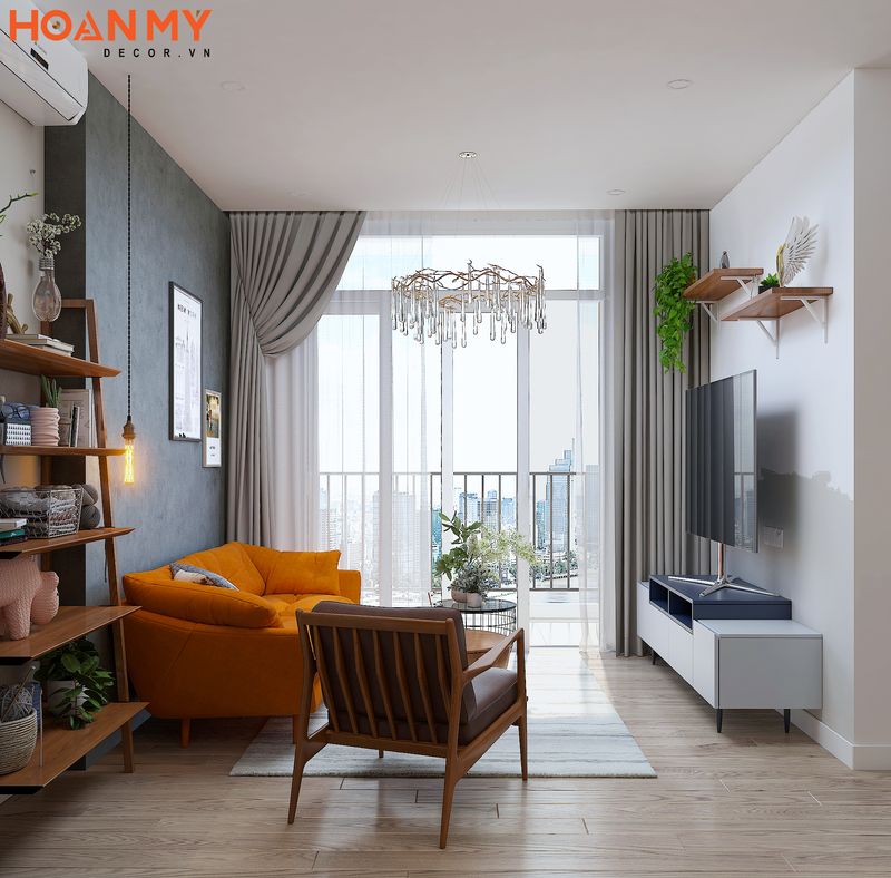 Nội thất thiết kế đơn giản nhỏ gọn với tông màu tạo điểm nhấn cho không gian phòng khách chung cư