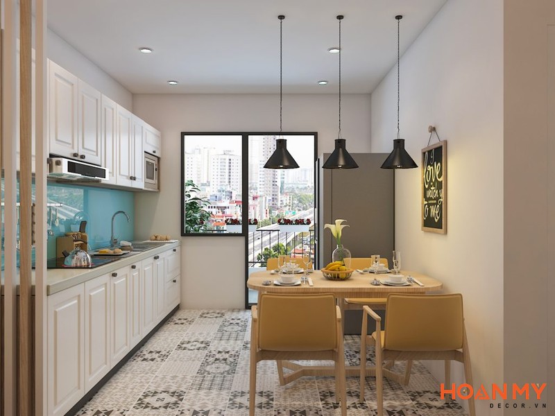 Không gian nấu nướng hiện đại với phòng bếp trong căn hộ chung cư 70m2