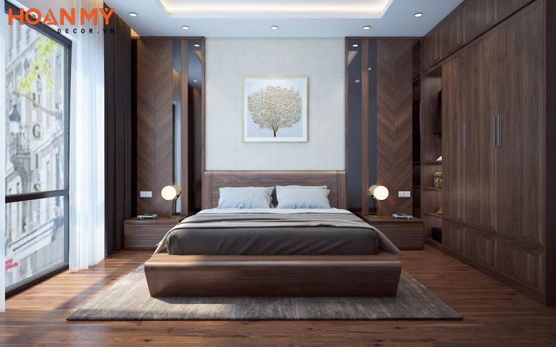 Phòng ngủ sang trọng với gỗ sồi sơn màu óc chó