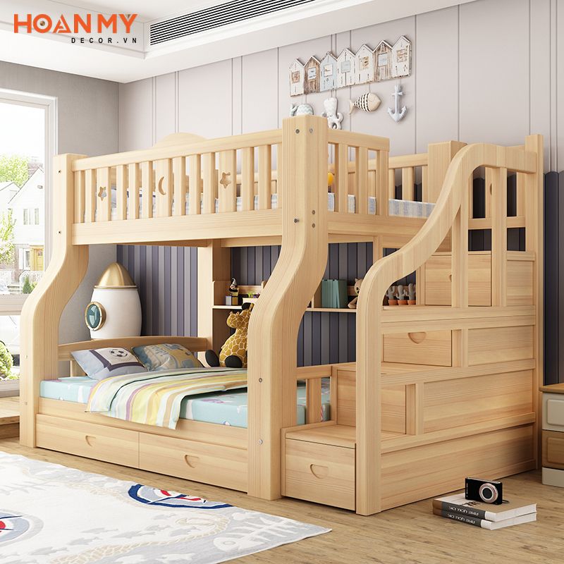 Mẫu giường tầng chất liệu gỗ tự nhiên tích hợp nhiều tiện ích khác nhau