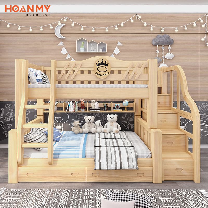 Mẫu giường tầng gỗ tự nhiên đơn giản tiện nghi cho 2 bé