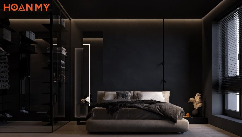 Phòng ngủ màu đen đơn giản tiết chế những chi tiết không cần thiết tạo không gian rộng rãi hơn