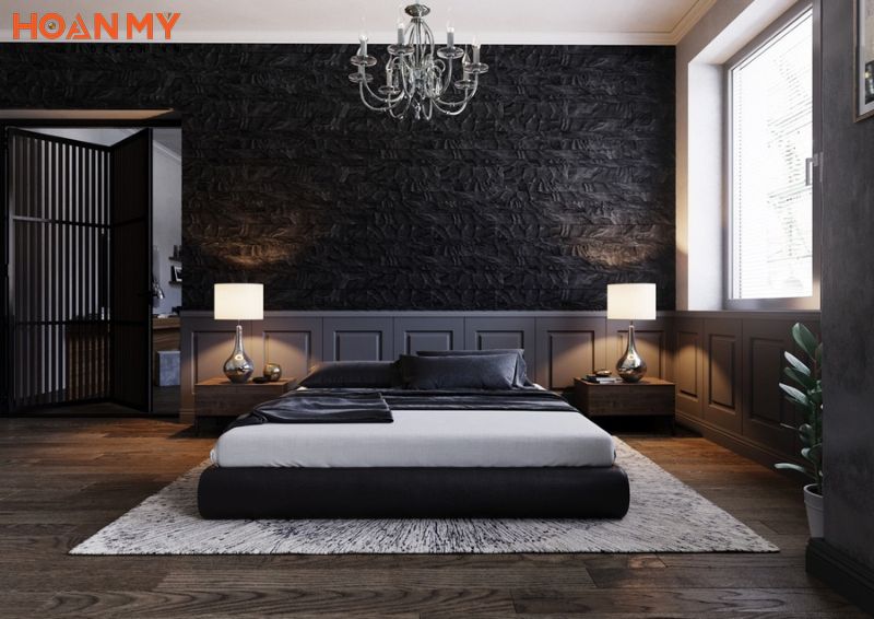 Phòng ngủ màu đen tranh với tranh nghệ thuật