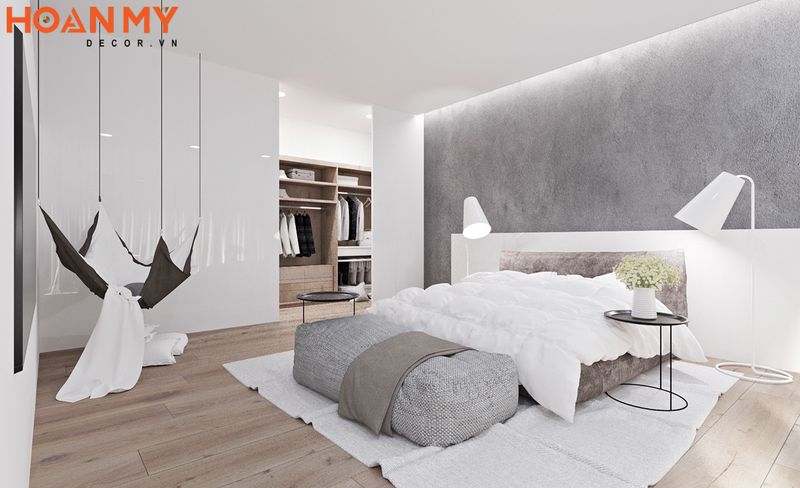 Không gian nội thất phòng ngủ được thiết kế tối giản nhẹ nhàng với chi tiết nội thất ấn tượng