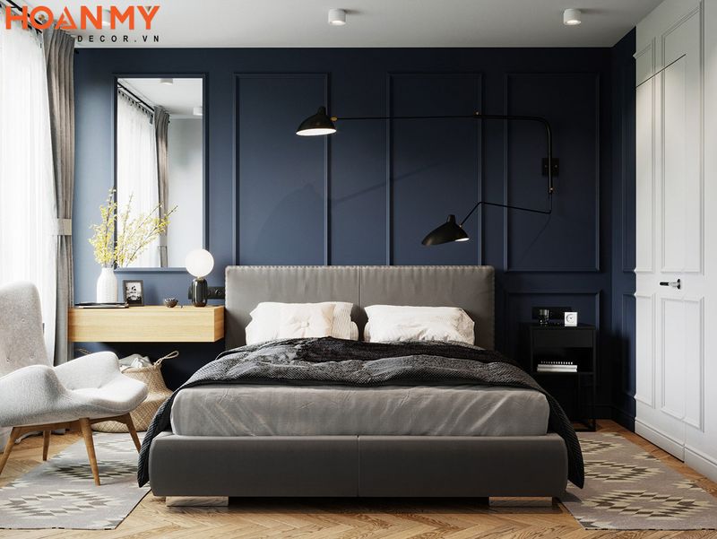 Phòng ngủ kết hợp hài hoà giữa tông màu sơn tường và decor ấn tượng hiện đại