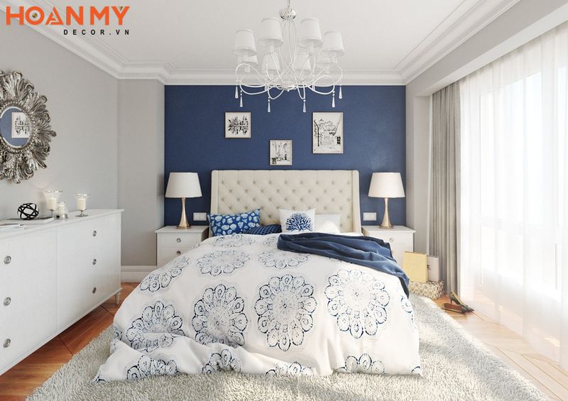 Phong cách tân cổ điển trong thiết kế phòng ngủ được ứng nhiều với tông màu xanh xu hướng