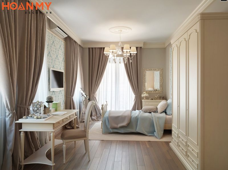 Phòng ngủ đẹp màu trắng kết hợp nâu đất tân cổ điển cao cấp