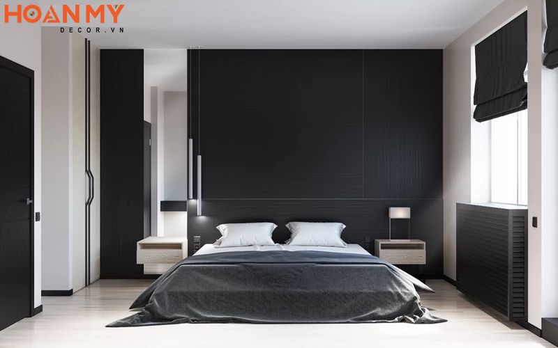 Thiết kế nội thất phòng ngủ màu trắng kết hợp đen ấn tượng tinh tế với nhiều chi tiết tối giản