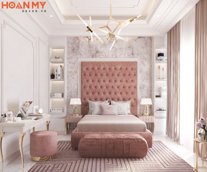 Phòng ngủ màu trắng hồng với những chi tiết tinh tế cao cấp