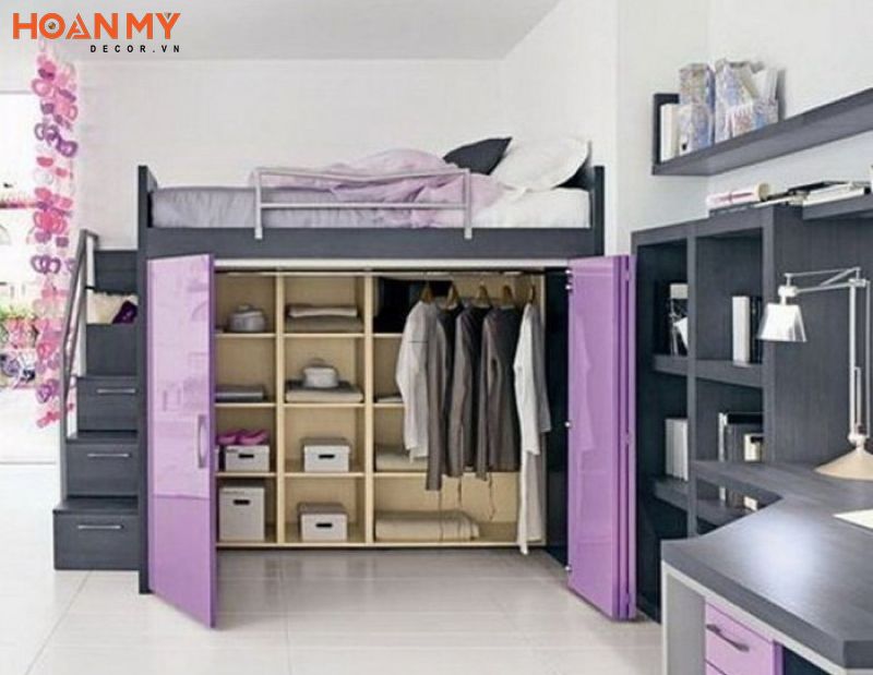 Kết hợp gam màu tím và đen tạo nên không gian phòng ngủ mới mẻ, sang trọng