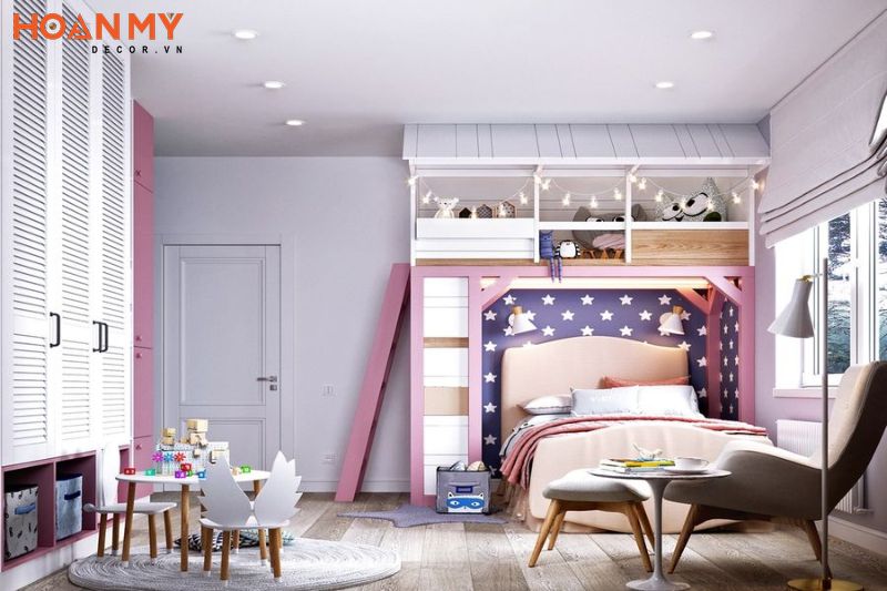 Giường tầng màu hồng sáng tạo với chất liệu nội thất bằng gỗ chắc chắn, an toàn cho trẻ