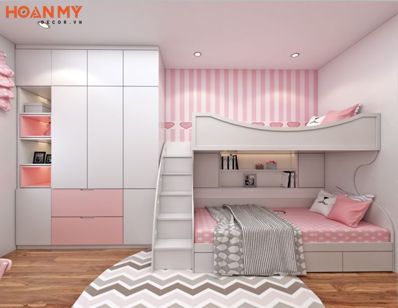 Giường tầng màu hồng tích hợp tủ quần áo đơn giản