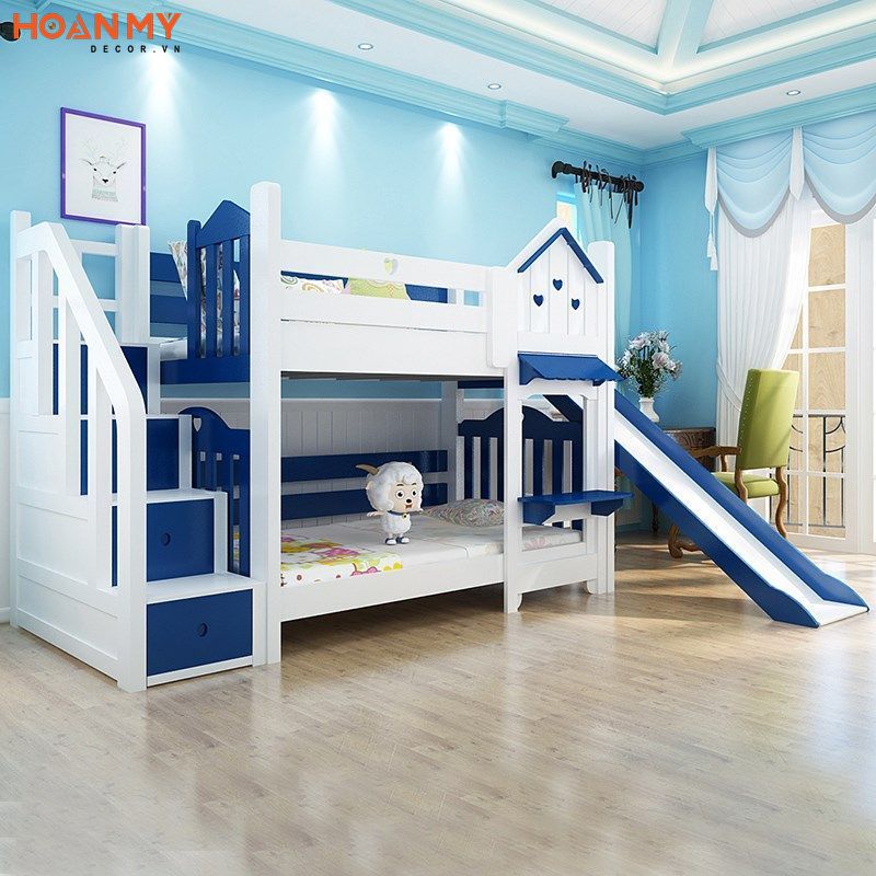 Mẫu thiết ké phòng ngủ trẻ em đa năng, sáng tạo với giường tầng kết hợp cầu trượt