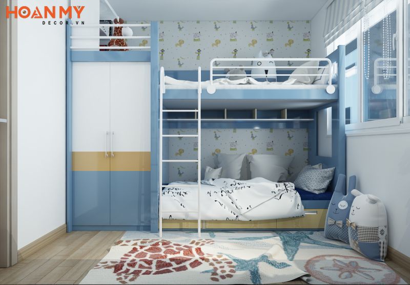 Thiết kế giường tầng màu xanh tích hợp tủ qần áo tiện lợi