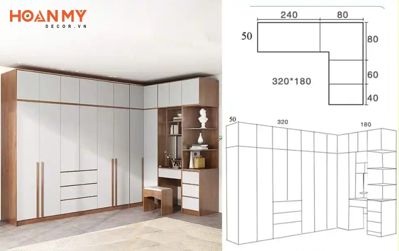 Kích thước tủ quần áo chữ L 3m2 x 1m8