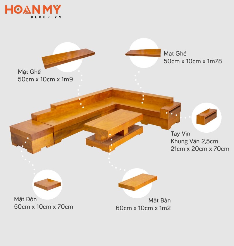 Kích thước sofa gỗ nguyên khối