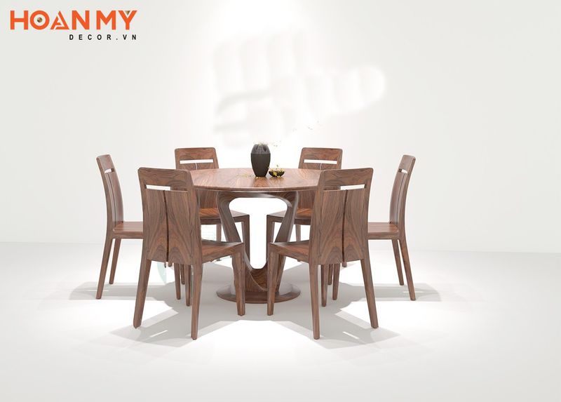 Bộ bàn ăn gỗ óc chó hình tròn 6 ghế sang trọng