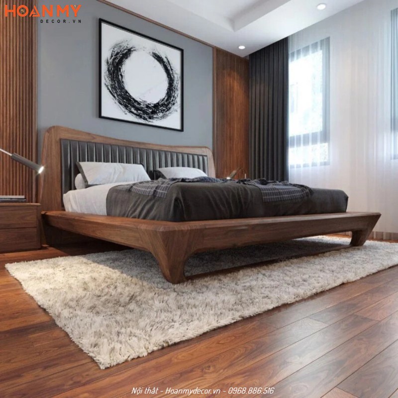 Thi công phòng ngủ gỗ Óc Chó theo phong cách hiện đại kết hợp thảm trải sàn decor thẩm mỹ