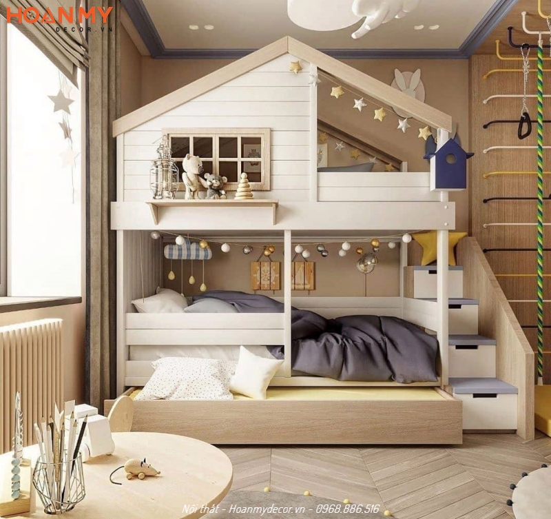 Bố trí giường gỗ công nghiệp đẹp sang trọng cho các bé