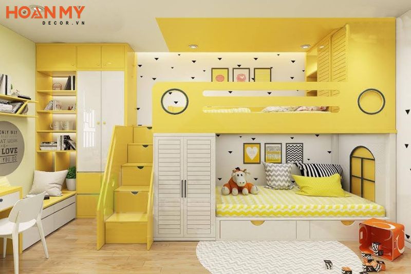 Giường tầng ngôi nhà kèm tủ quần áo màu vàng
