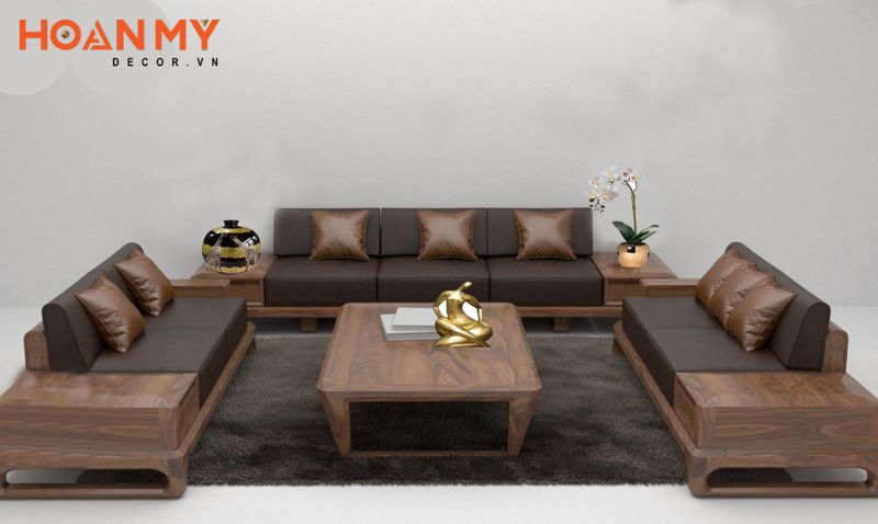 Mẫu sofa gỗ óc chó hình chữ U đơn giản tinh tế phù hợp với những không gian phòng khách rộng rãi