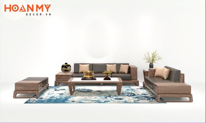 Mẫu sofa gỗ tự nhiên óc chó hình chữ U đơn giản tinh tế phù hợp với những không gian phòng khách rộng rãi