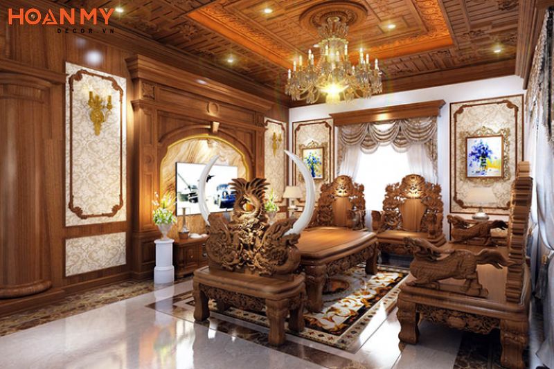 Phòng khách sang trọng với nội thất đồ gỗ tự nhiên với họa tiết cao cấp