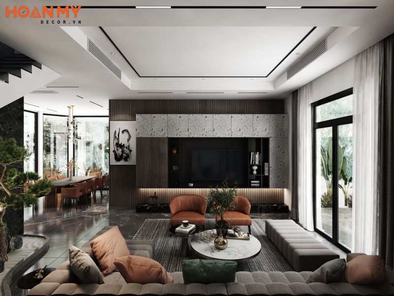 Thiết kế phòng khách 30m2 phong cách hiện đại với màu sắc ấn tượng