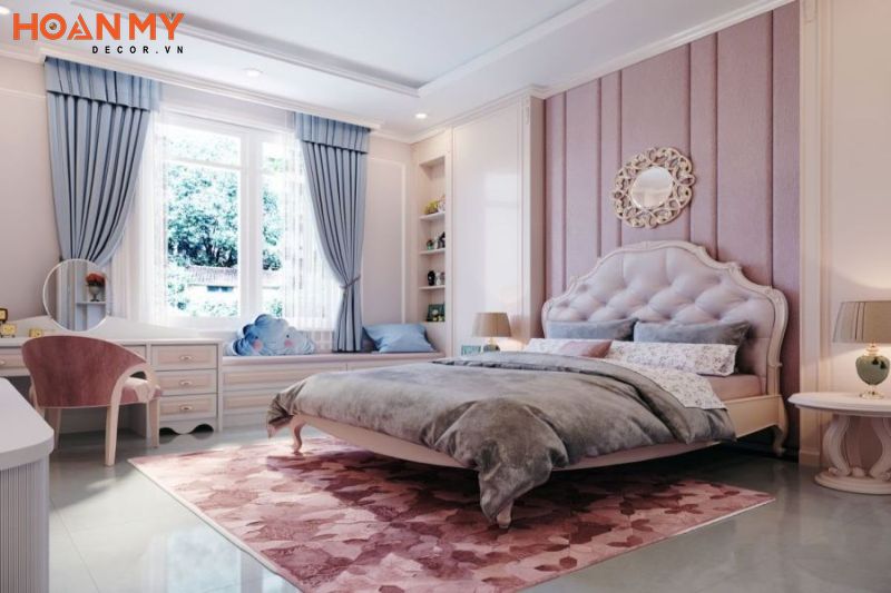 Thiết kế phòng ngủ 12m2 màu hồng tân cổ điển đẹp mê ly