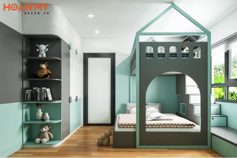Thiết kế phòng ngủ cho 2 bé với giường gỗ công nghiệp đẹp cạnh cửa sổ