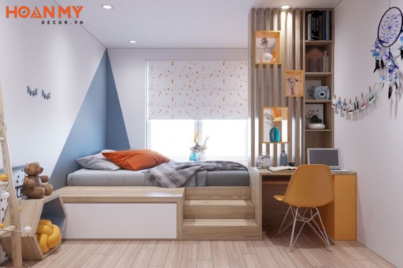 Phòng ngủ chung cư đẹp với giường liền tủ kết hợp hiện đại dành cho bé trai