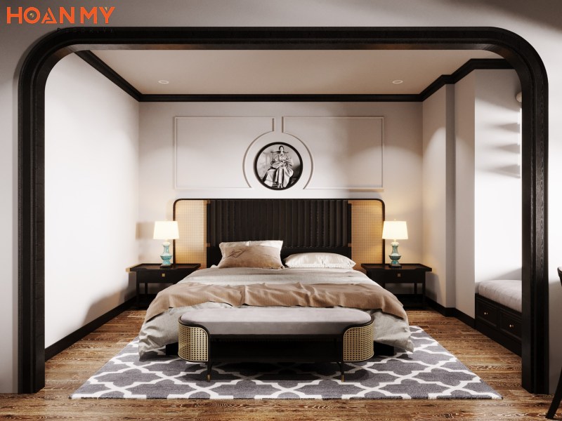 Phòng ngủ kết hợp tường sơn màu trắng và nội thất gỗ tự nhiên sang trọng