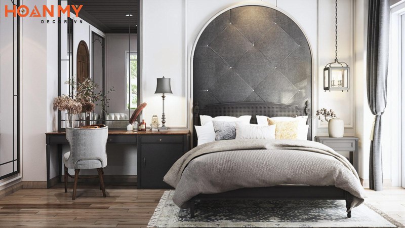 Phòng ngủ với đồ nội thất gam màu tối phảng phất nét đẹp truyền thống