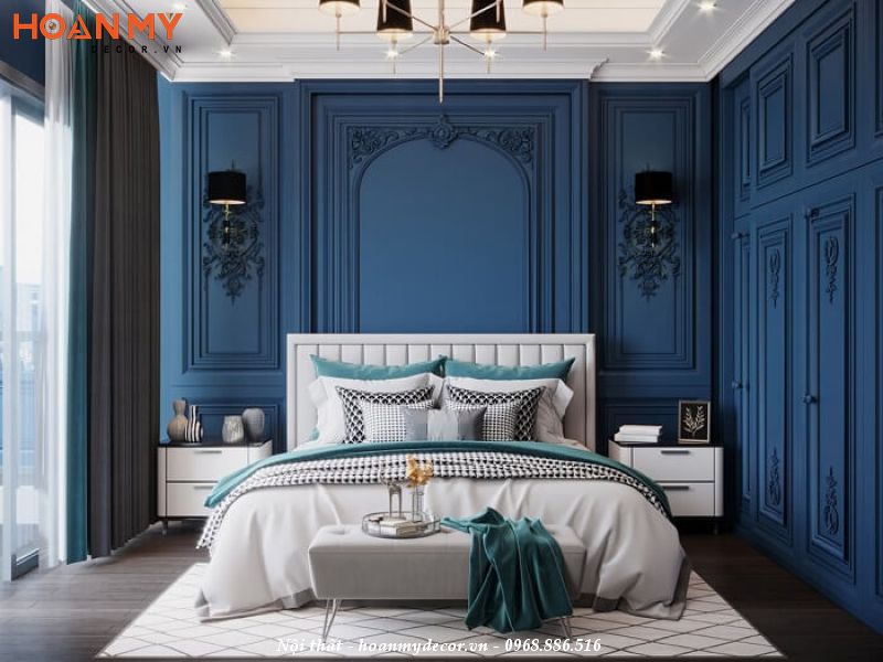 Thiết kế phòng ngủ cho nữ màu xanh dương theo phong cách Tân cổ điển