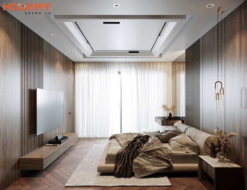 Phòng ngủ đẹp cho nữ sử dụng chất liệu gỗ MDF phủ Veneer thẩm mỹ