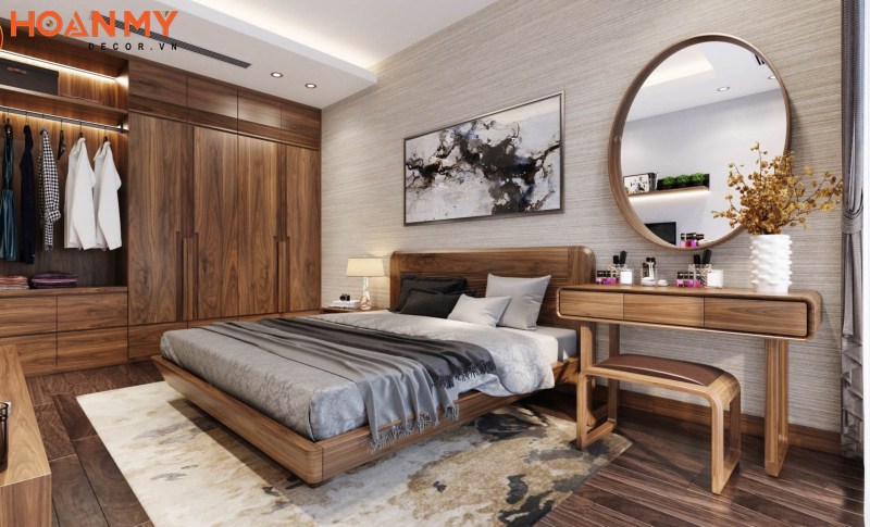 Phòng ngủ đẹp cho nữ với các món đồ nội thất gỗ Óc Chó sang trọng