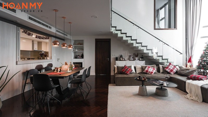 Thiết kế căn hộ Duplex hiện đại phòng khách liền bếp mang đến cho gia đình không gian sống sang trọng