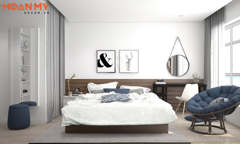 Giường ngủ rộng rãi, hiện đại gỗ tự nhiên kết hợp gỗ công nghiệp phủ veneer cho căn hộ 2 phòng ngủ 60m2