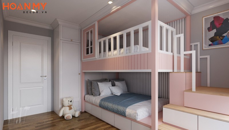 Phòng ngủ cho bé gái thiết kế gọn gàng với kiểu dáng giường tầng ngôi nhà