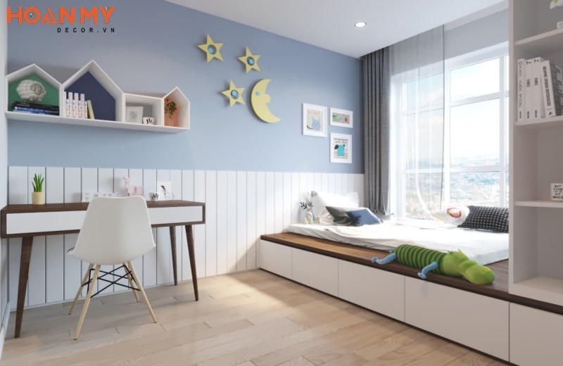 Sử dụng màu sắc hài hoà cho công trình nội thất phòng ngủ bé trong căn hộ 70m2