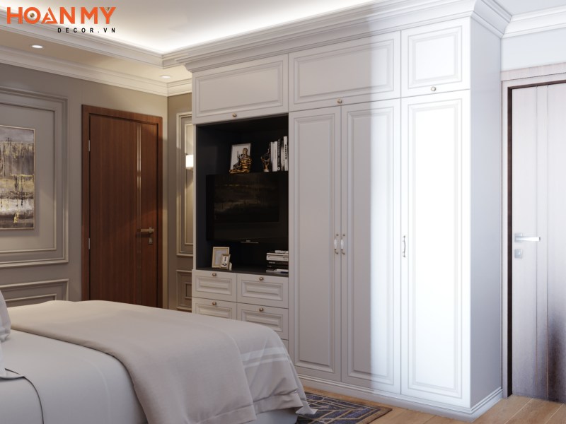 Hệ tủ đồ cao kịch trần màu trắng bằng gỗ công nghiệp MDF chống ẩm phủ Laminate bền đẹp