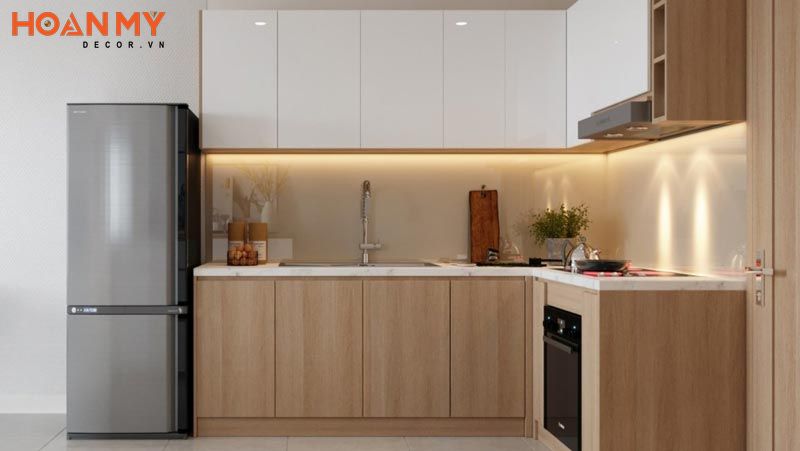 Tủ bếp acrylic sử dụng màu gỗ xoan đào đẹp không thể bỏ qua