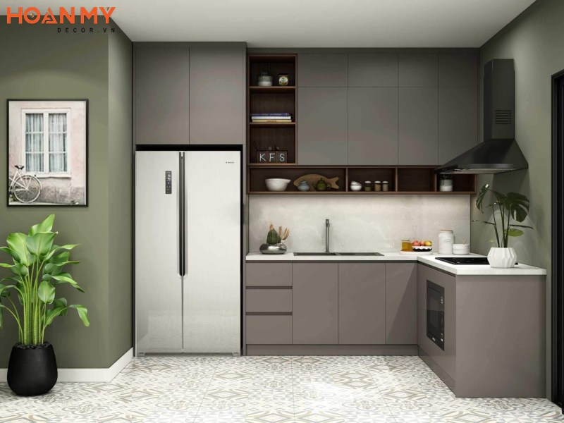 Tủ bếp kiểu chữ L gỗ MDF phủ ngoài là melamine sang trọng cho nội thất phòng khách liền bếp