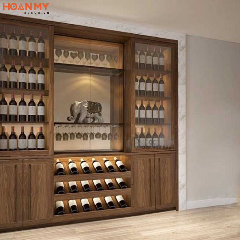 Bố trí tủ rượu gỗ tự nhiên âm tường 