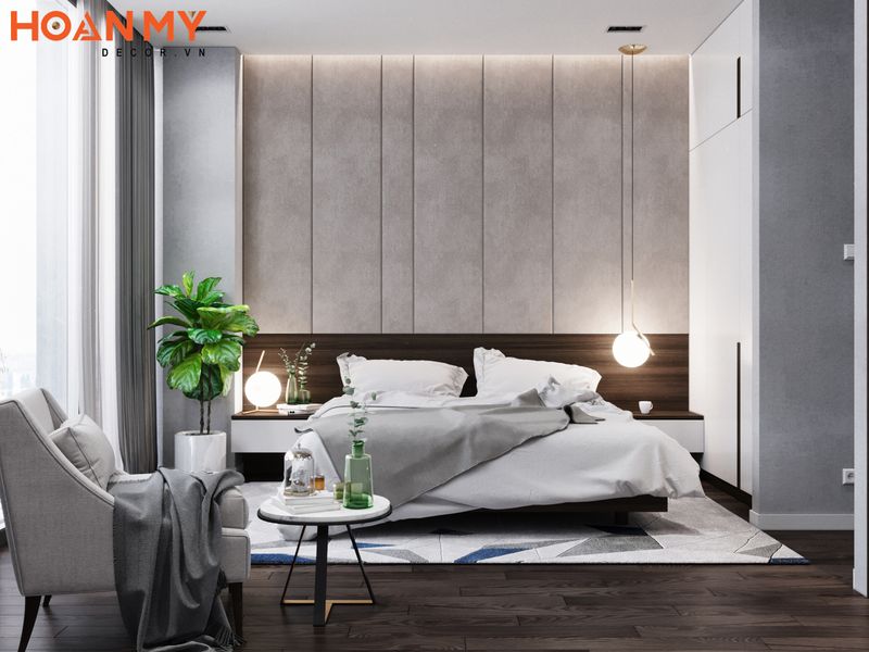 Phòng ngủ master thiết kế theo phong cách hiện đại nhẹ nhàng với tông màu tối giản
