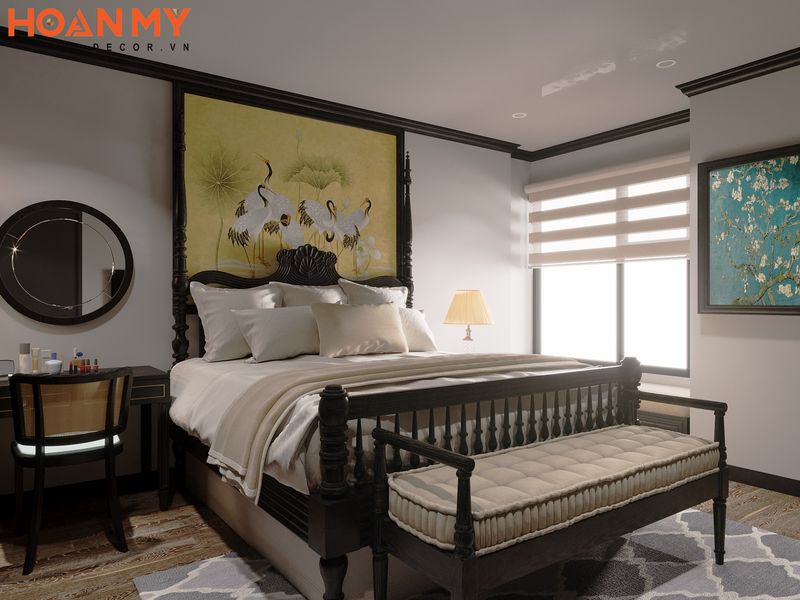 Phòng ngủ được thiết kế ấn tượng tinh tế với chất liệu gỗ tự nhiên với đường nét tinh tế nhẹ nhàng