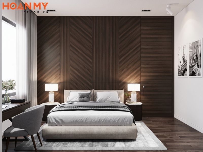 Không gian tinh tế ấn tượng với tường ốp gỗ đầu giường hiện đại trẻ trung