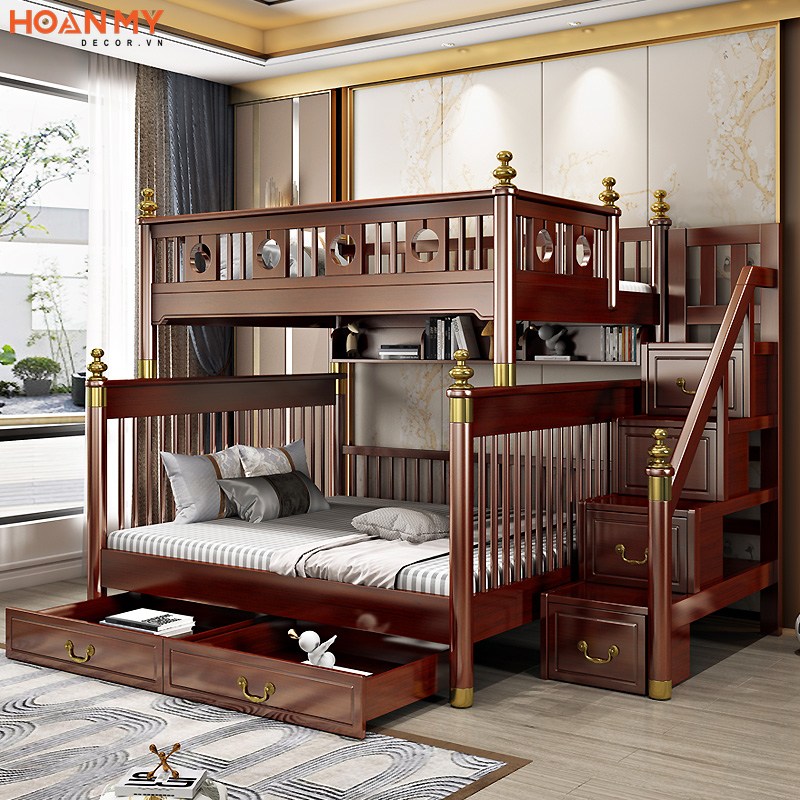 Thi công giường tầng gỗ tự nhiên kiểu dáng đơn giản mà đẹp