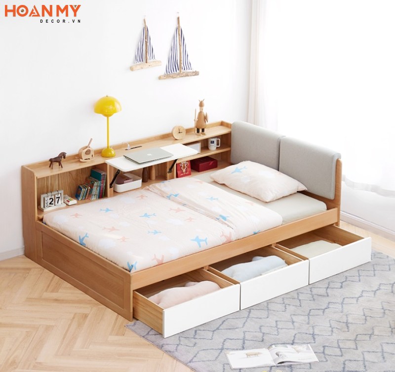 Bố trí giường ngủ đơn gỗ công nghiệp có ngăn kéo để đồ tiện lợi
